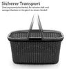 A dark gray laundry basket with two handles is shown against a white background. Text above describes its features. Produktbild-Vorschau