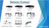 A product catalog image showcasing a 15-piece cookware set with various pots, pans, lids, utensils, and a handle. Produktbild-Vorschau