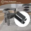 A dark gray chenille dining chair is shown next to a dining table with place settings. A close-up inset shows a floor protector attached to the chair leg. Produktbild-Vorschau