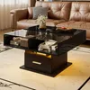 A modern living room setting with a brown leather sofa and a black coffee table. Voir les images du produit
