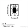 A diagram showing the dimensions of a wall clock, along with material and paint information, and regulatory marks. Produktbild-Vorschau