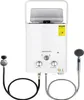 A white portable LPG water heater with a shower head and gas regulator. Voir les images du produit