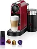 A red Nespresso coffee machine with a glass of latte and coffee pods. Anteprima dell’immagine prodotto