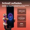 A hand holding a smartphone with a charging animation on the screen, accompanied by marketing text and feature callouts. Produktbild-Vorschau