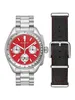 A Bulova Lunar Pilot watch with a red dial and a metal bracelet, shown next to a black leather strap. Náhled obrázku produktu