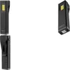 Three views of a black, rectangular flashlight with a yellow light source at the top. Náhled obrázku produktu