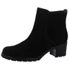 A black suede ankle boot with a block heel is shown from the side against a white background. Produktbild-Vorschau