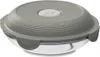 A round, clear glass food container with a ribbed gray lid and gray clips, shown from a diagonal angle. Produktbild-Vorschau