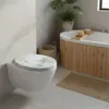 A modern bathroom with a wall-mounted toilet and a wooden-clad bathtub. Produktbild-Vorschau