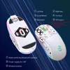 Two white gaming mice with RGB lighting and various labels pointing to their features, set against a dark blue background with light streaks. Produktbild-Vorschau