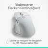 A white Logitech MX Master mouse is shown from a diagonal angle against a light gray and white background. Text overlays highlight product features. Produktbild-Vorschau