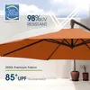 An orange patio umbrella is shown with text overlays highlighting its features. Produktbild-Vorschau