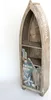 A wooden shelf unit shaped like a boat, displayed against a white background. Podgląd zdjęcia produktu