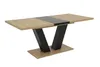 A modern dining table with a wood-effect top and black V-shaped legs, presented on a white background. Produktbild-Vorschau