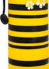A close-up view of a yellow and black striped pencil case with small white flowers. Voir les images du produit