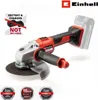 A cordless angle grinder is shown against a white background, with various warranty badges and a 'battery and charger not included' overlay. Produktbild-Vorschau