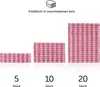 Three stacks of red and pink checkered towels are shown, representing sets of 5, 10, and 20. Anteprima dell’immagine prodotto