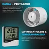 A marketing image showing a ventilation fan and a digital thermometer/hygrometer, with German text describing their features and benefits for indoor gardening. Produktbild-Vorschau