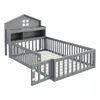 A grey wooden children's bed with a house-shaped headboard and safety rails. Náhled obrázku produktu