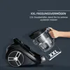 A hand is shown holding a dust container detached from a black vacuum cleaner. Text highlights the large capacity of the container. Produktbild-Vorschau
