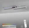 A modern LED ceiling light with multiple rectangular frames, displaying a spectrum of colors and a remote control. Produktbild-Vorschau