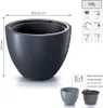 A dark gray planter with dimensions and feature icons shown. Produktbild-Vorschau