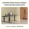 Two adjustable desks are shown in a room setting, with text overlay promoting health benefits of alternating sitting and standing. Voir les images du produit