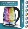 A glass electric kettle with LED lighting that changes color based on water temperature, shown with multiple color examples on the side. Produktbild-Vorschau