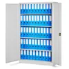 A gray metal filing cabinet with its doors open, filled with blue ring binders. Podgląd zdjęcia produktu