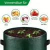 Dunkelgrüner Stoff-Anzuchtbeutel gefüllt mit Erde und kleinen grünen Setzlingen, mit kreisförmigen Bildern verschiedener Gemüsesorten, für die er verwendet werden kann Produktbild-Vorschau