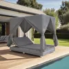 An outdoor lounge bed with curtains next to a swimming pool. Anteprima dell’immagine prodotto