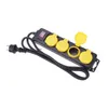 A black power strip with yellow outlets and a red switch, shown on a white background. Produktbild-Vorschau