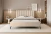 A bedroom scene featuring a bed, nightstands, and shelving. Voir les images du produit