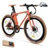 An orange electric bicycle is presented on a white background, with a white helmet and a gift box in the lower left corner. Produktbild-Vorschau