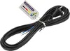 A black power cord for a vacuum cleaner is coiled and displayed against a white background. A tag with company information and logos is attached to the cord. Produktbild-Vorschau