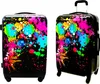 Two suitcases are shown side-by-side against a white background. The suitcases have a black base color with a vibrant, abstract paint splatter design in various bright colors. Náhled obrázku produktu