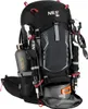 A black hiking backpack with various accessories attached. Anteprima dell’immagine prodotto
