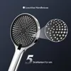 Close-up of a showerhead with a magnified view of its nozzles and text highlighting features. Podgląd zdjęcia produktu