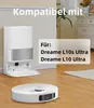 A white robot vacuum cleaner and its charging station are shown on a wooden floor, with text indicating compatibility with specific Dreame models. Produktbild-Vorschau