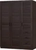 A dark brown, three-door wardrobe with slatted doors and three drawers on the right side, shown against a white background. Produktbild-Vorschau