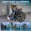 A person is folding a colorful electric bicycle, with close-up shots of its frame, pedals, and handlebars shown below. Produktbild-Vorschau