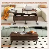 A split image showing a coffee table in two different configurations: as a work desk and as a coffee table. Voir les images du produit