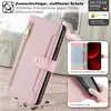 A pink phone case with a zipper and card slots is shown, with additional graphics illustrating its features and a person's hand interacting with a phone. Produktbild-Vorschau