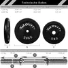 Technical data and images of dumbbell plates and a dumbbell bar. Produktbild-Vorschau