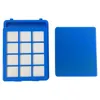 Two blue vacuum cleaner filters are shown against a white background. One is a filter with a grid structure, and the other is a solid rectangular filter. Produktbild-Vorschau