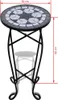 A mosaic side table with a black metal frame and a mosaic tabletop featuring a star pattern in black, white, and gray tiles. Dimensions are indicated with red lines and text. Produktbild-Vorschau