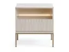 A modern white nightstand with a fluted drawer front and gold legs, illuminated by an LED strip. Produktbild-Vorschau