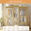 A multi-functional wooden wardrobe rack with clothes hanging on it, and shelves for storage. Icons at the bottom represent different storage options. Produktbild-Vorschau