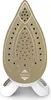 The image shows the sole plate of a Tefal iron, which is gold with black steam holes and rests on a white stand. Produktbild-Vorschau