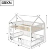 A diagram showing the dimensions of a white bunk bed with a house-like roof. Produktbild-Vorschau